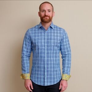 Robert Graham Blue White Plaid Button Front Shirt L Flip Cuffs Floral Contrast